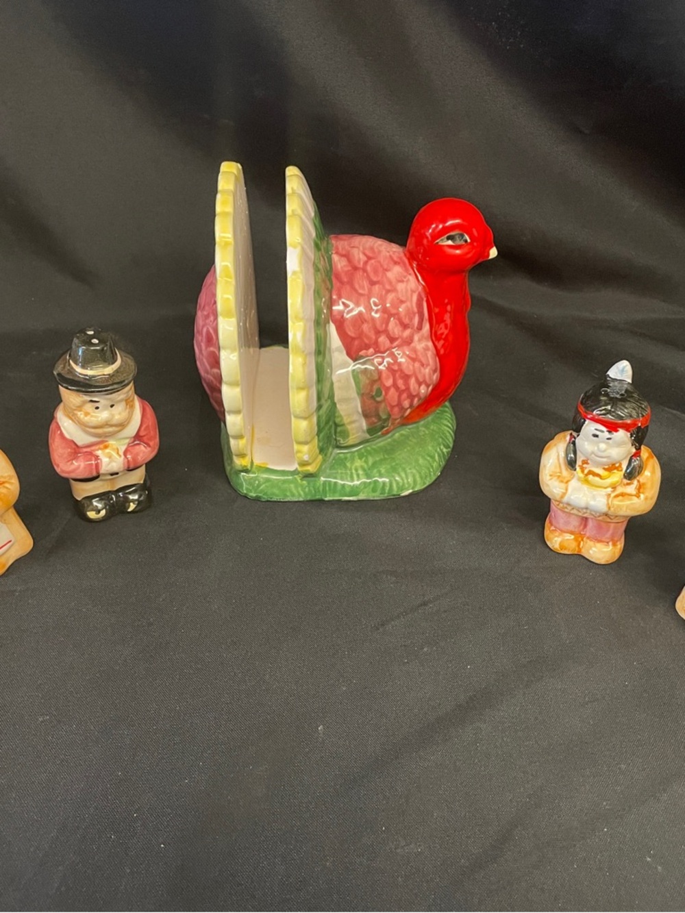 Vintage 5 Pc Thanksgiving Table Set Turkey Napkin Holder, Salt & Pepper Shakers - Picture 4 of 11